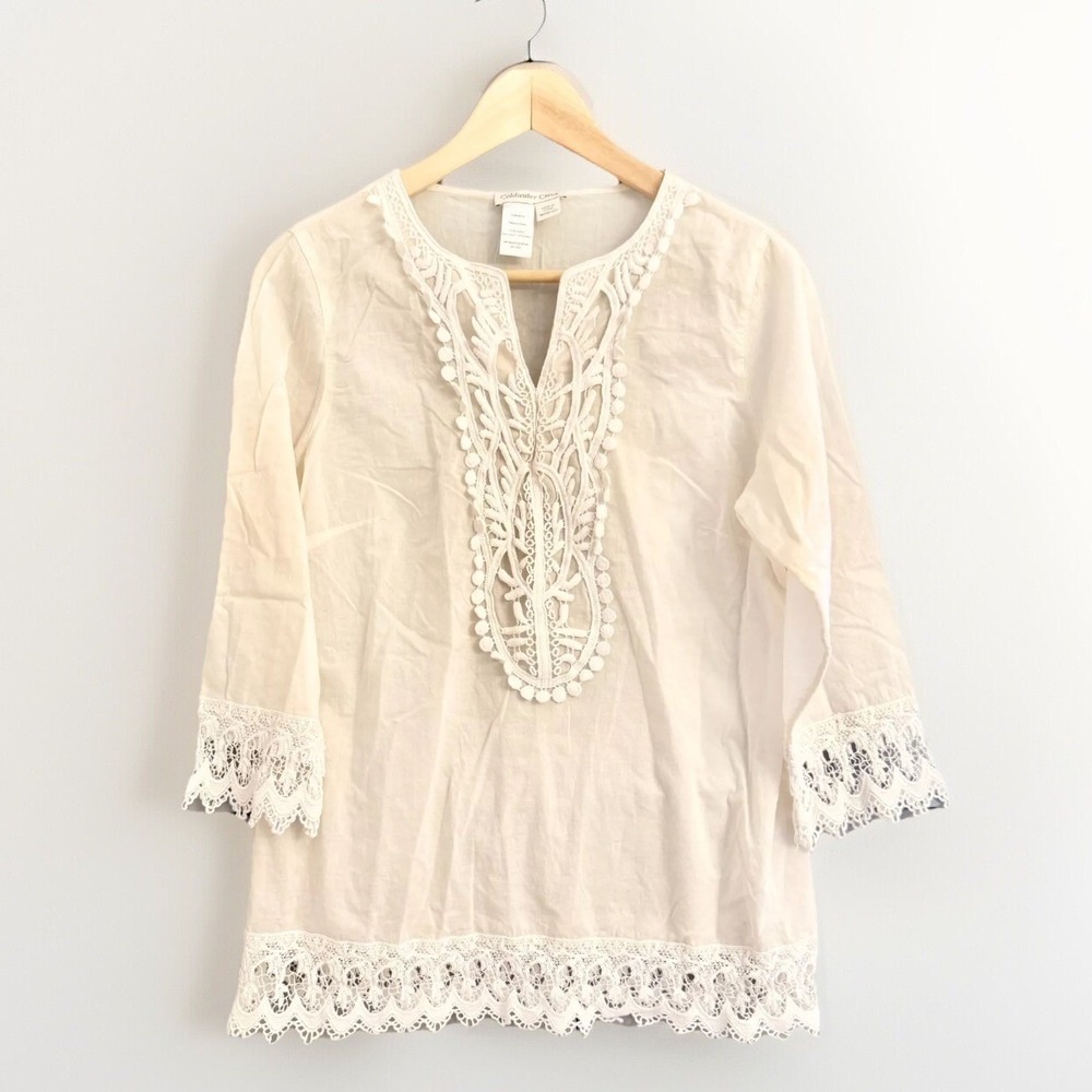 Coldwater Creek White Cotton Lace Crochet Trim Blouse M (10–12) Classic Summer